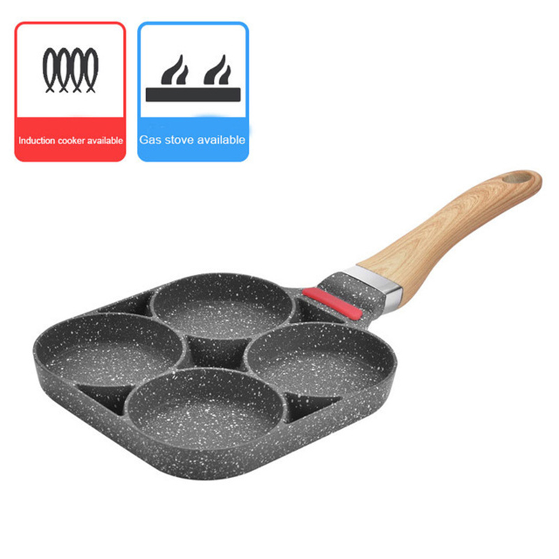 4 Hole Omelet Pan Saucepan For Burger Eggs Ham Pancake Maker Wooden Handle Frying Pot Non-stick Cooking Breakfast Tools