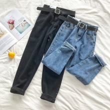 Korean High Waist Jeans Women Solid Harem Pants Loose Casual Plus Size High Street Denim Trousers Pantalon Femme With Belt 2020