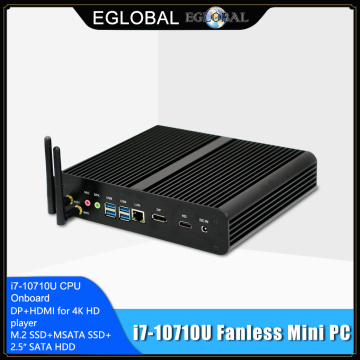 EGLOBAL Fanless Mini Computer Intel i7 10710U 10510U Desktop PC Windows 10 2*DDR4 M.2 NVMe+Msata+2.5''SATA HTPC Nettop HDMI DP