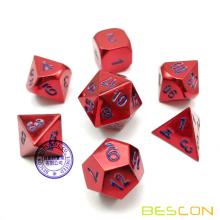 Bescon 7pcs Set Heavy Duty Metal Dice Set Glossed Color of Wine, Solid Metallic Polyhedral D&D Dice Set Wine Red w/ Blue Numbers