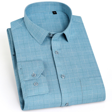 Men's Fashion Bamboo Fiber Plaid Striped Printed Shirt Single Patch Pocket Long Sleeve Standard-fit Casual Checkered Shirts