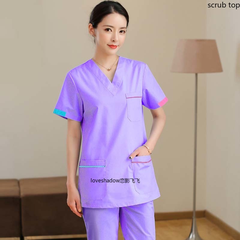 Women Scrub Tops V Neck Short Sleeve Workwear Uniform Cotton Color-Blocking Doctor Costume Hospital Nurse Vet Medical Uniforms