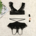 Ruffle Lace Bra Lingerie Set Women Transparent Hollow Out Bra Open Crotch Thongs Sets Sexy Exotic Underwear Sous Vetement Femme