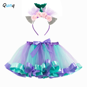Qunq Summer Girls Tutu Skirt with Mermaid Hair Hoop Rainbow Mesh Bow Kids Beach Skirt for Girl 2020 New Toddler Children Costume