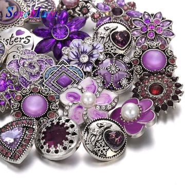 10pcs/lot Wholesale Snap Jewelry 18mm Snap Buttons Mixed Purple Rhinestone Metal Flower Snaps Buttons for Snap Bracelet Bangle