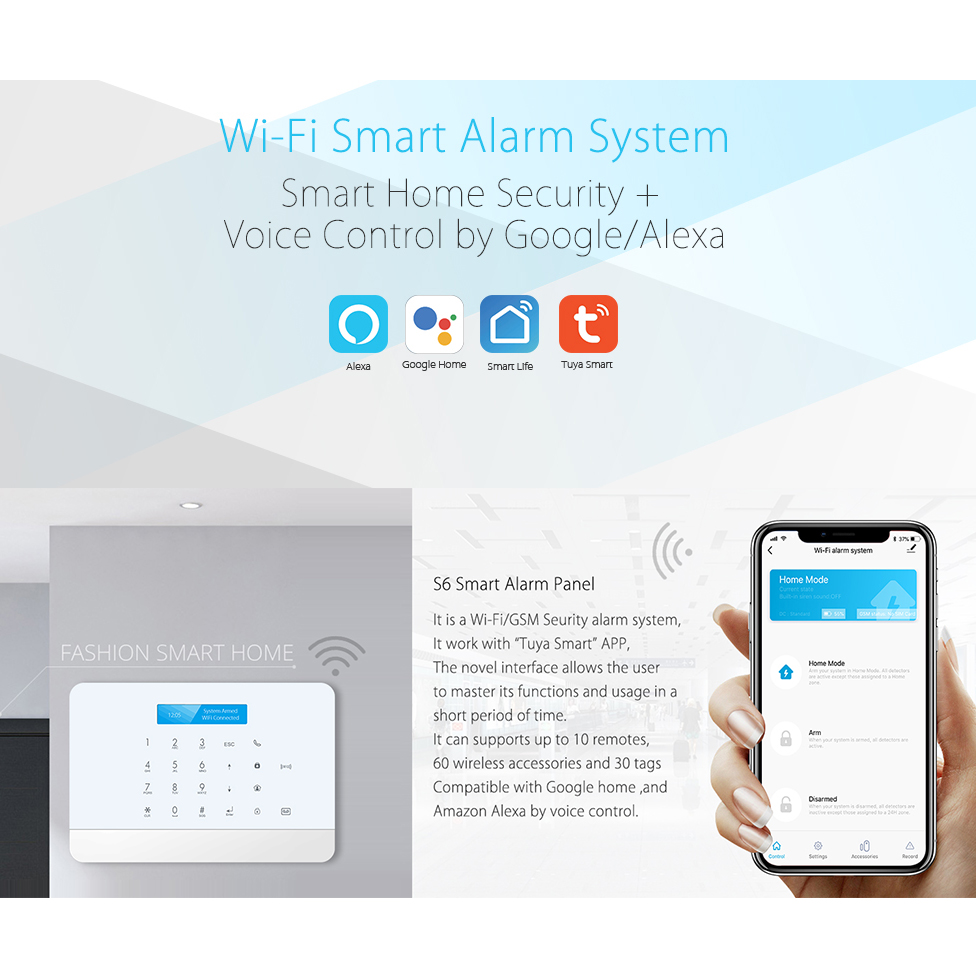 Tuya WIFI alarm security system 433Mhz Alarm accessories with Smart life APP with Smoke/Fire Detector