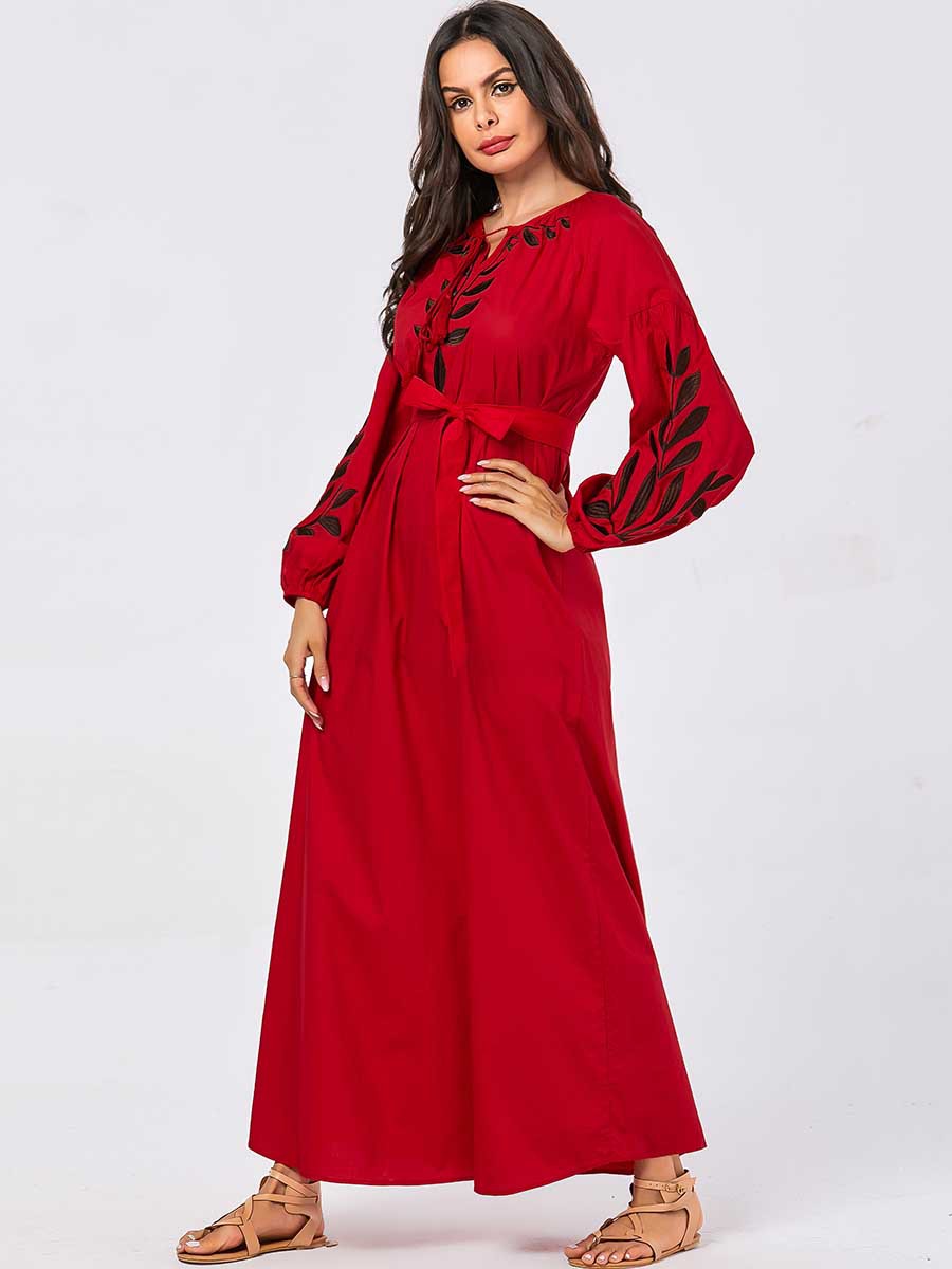 Women Maxi A-line Abaya Dresses Embroidery Lace-up Lantern Sleeve Kimono Muslim Long Dress Dubai Turkish Kaftan Islamic Clothing