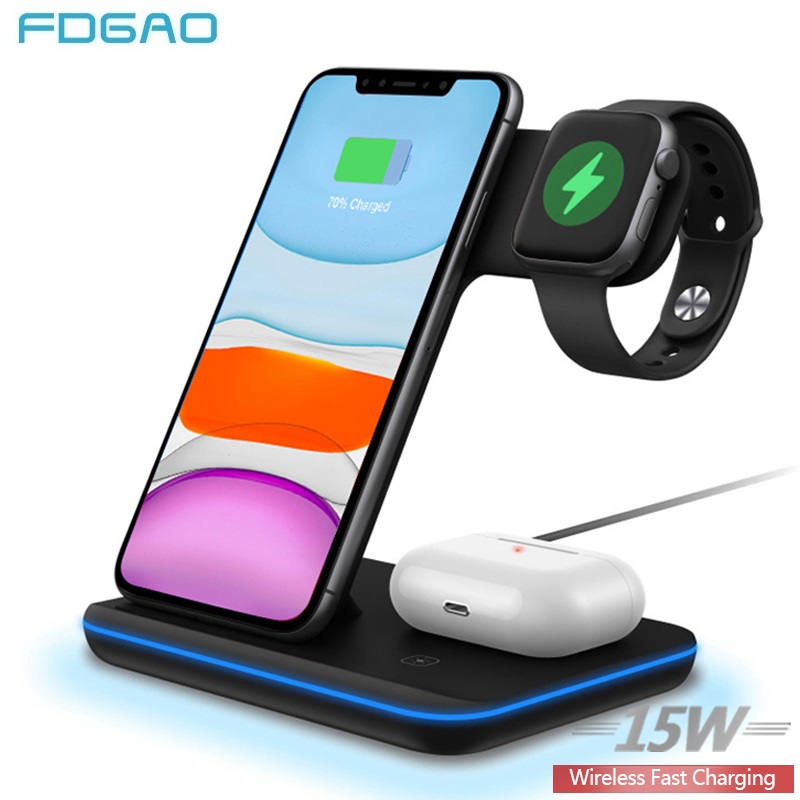FDGAO 15W Fast Wireless Charger Stand 3 in 1 Qi Charging Dock Station for Apple Watch 5 4 3 2 AirPods Pro iPhone 11 XS XR X 8