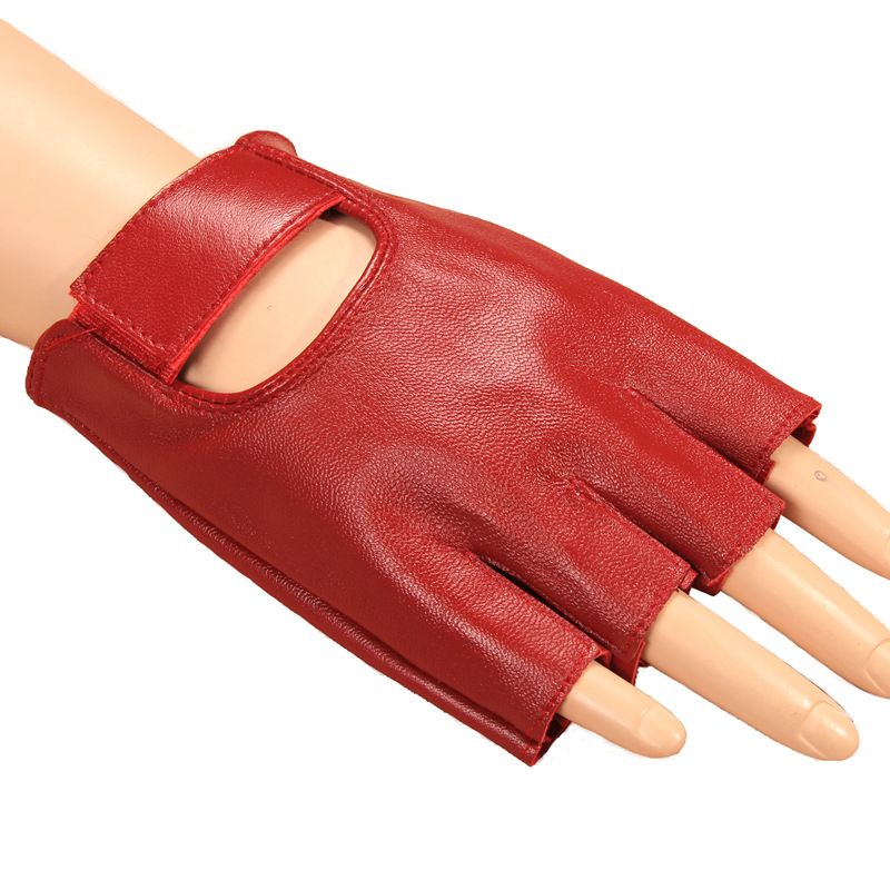 Red Genuine Leather Gloves Pure Real Sheepskin Semi-Fingers Gloves Motor Street Dance Rock Punk Half Finger Woman Driving Gloves