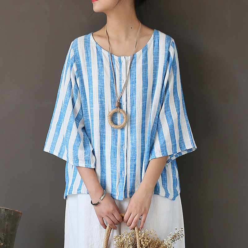 Johnature Women Striped Shirt Cotton Linen Top O-Neck 2020 Summer New Vintage O-Neck Seven Sleeve Blouses Loose Button Shirts