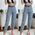 Women High Waisted Pencil Jeans Cute Cherry Embroidery Denim Pants Slim Trousers