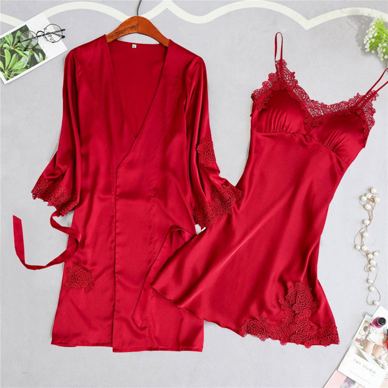 Women Pajamas 2 Pieces Satin Sleepwear Pijama Silk Home Wear Home Clothing Embroidery Sleep Lounge Pyjama with Chest Pads