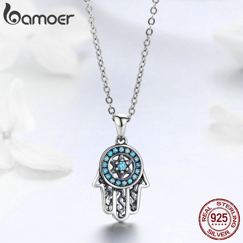 BAMOER Classic 100% 925 Sterling Silver Fatima Hamsa Hand Lucky Necklace Women Rings Jewelry Sets Sterling Silver Jewelry ZHS091