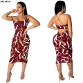 2019 women spaghetti strap chain letter print sleeveless bodycon midi dress pencil open back club party dresses 4 color LS6242