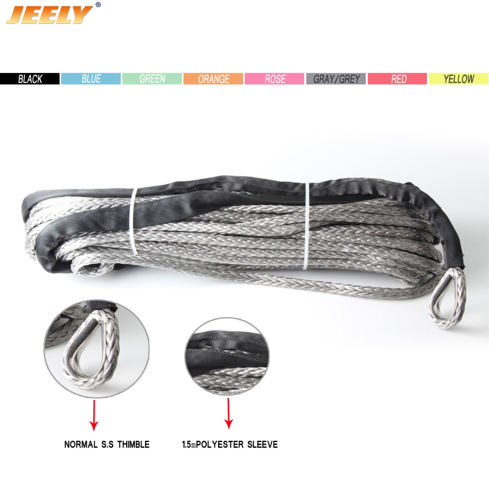 JEELY 6mm*24m/30m/50m 12 strand off-road uhmwpe synthetic towing winch rope with 1.5m sleeve and thimble for ATV/UTV/SUV/4X4/4WD