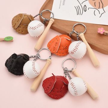 Sports Baseball Glove Wood Bat Key Chain Idea Car Keychain Club Gift for Men Women Teens Casual PU Leather Keyring Cute Trinkets