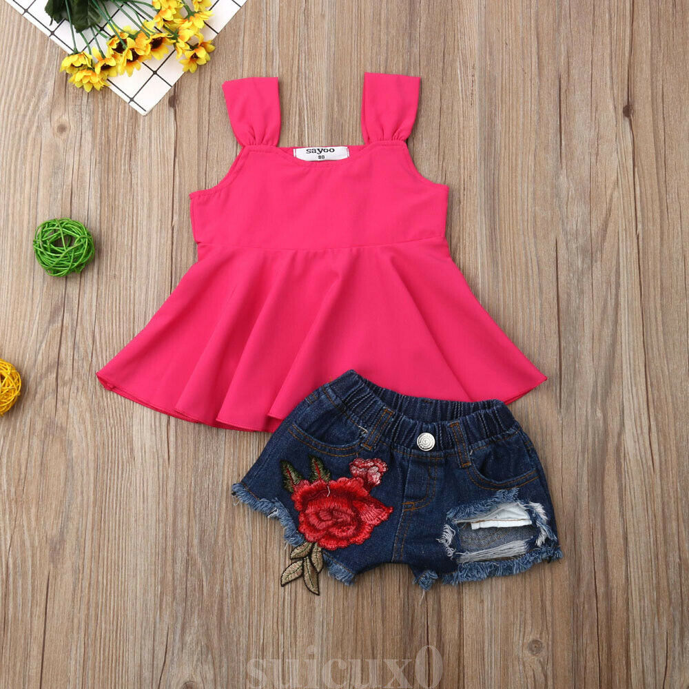 2019 Baby Summer Clothing Fashion Infant Baby Girl Clothes Sets Solid T-shirt Vest Tops+Denim Embroidery Shorts Pants Outfit