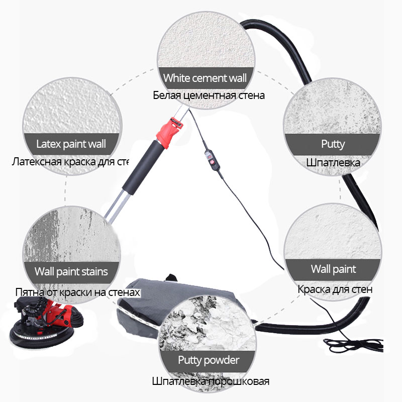 800W Wall Putty Polisher Long Pole Self-priming Dust-free Wall Polishing Sander Led Light 220v 800-1800r/min Dismantling