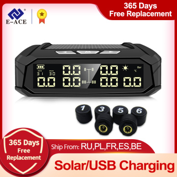 E-ACE K10 Solar TPMS Car Tire Pressure Alarm Monitor System Tyre Temp Digital Display Auto Security Alarm Systems with 6 sensors