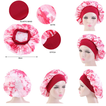 New Tie-Dyed Elastic Hair Cap For Sleeping Wide-Brimmed Satin Hat Night Home Haircaring Turban Round Bonnet Beauty Makeup