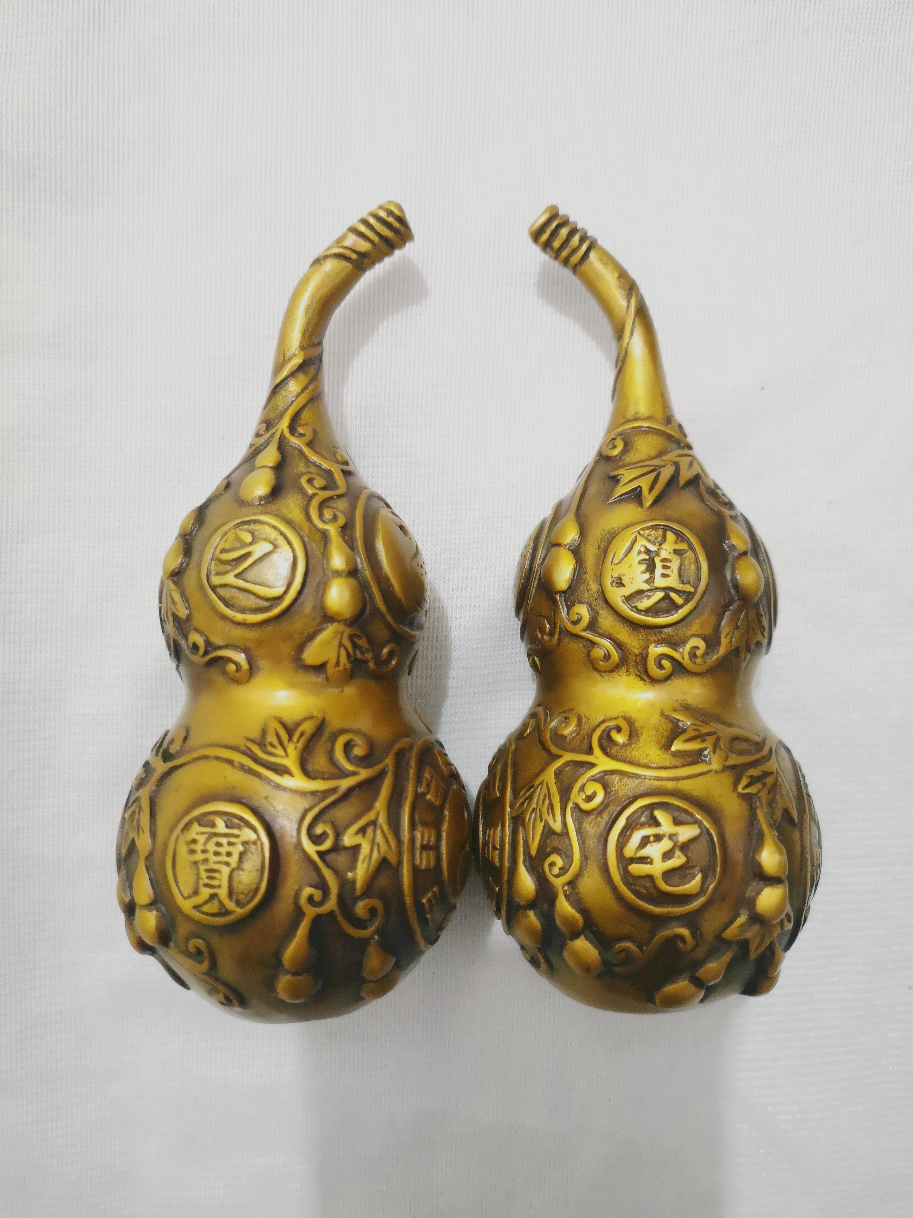 Chinese Folk Bronze brass Carved FengShui Gourd Cucurbit lucky decoration Statue