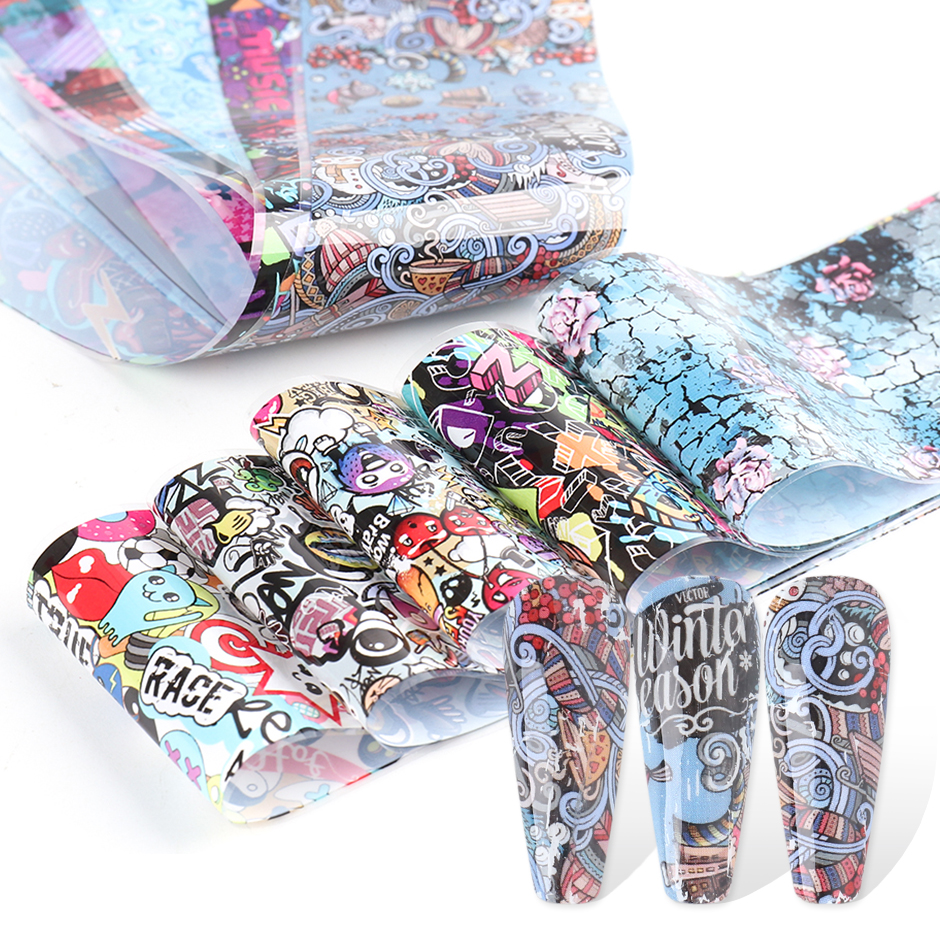 10pcs Colorful Scrawl Nail Stickers Nail Art Transfer Foil Cool Painting Flower Adhesive Wraps Decal Manicure Accessories CH4122