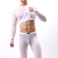 Sexy Men Undershirts Sets Ice Silk Transparent Long Sleeve Tops Trousers Gay Night Club Sex Costume T Shirts Pants Underwear 2XL