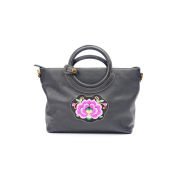 Yi-Style Embroidered Pomegranate Flower Leather Tote Bag
