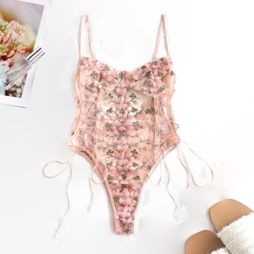 One-piece Sexy lingerie Set Bra Erotic Corset Lace Mesh Sleepwear Nightwear Embroidered Strap Pajamas Underwear women set