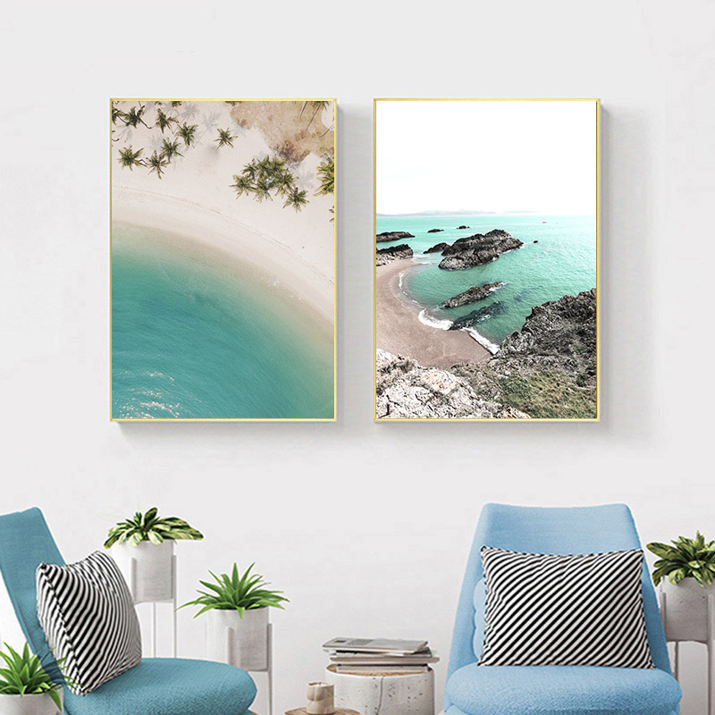 Canvas Art Painting Coastal Beach Poster Nordic Ocean Skyline Seascape Print Scandinavian Wall Picture for Living Room Decor