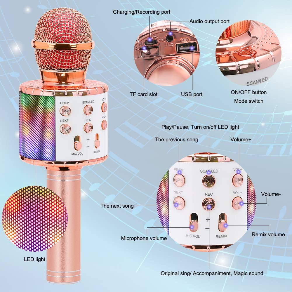 Wireless Bluetooth Karaoke Microphone, 3-in-1 portable handheld karaoke mic karaoke player multi-function LED light