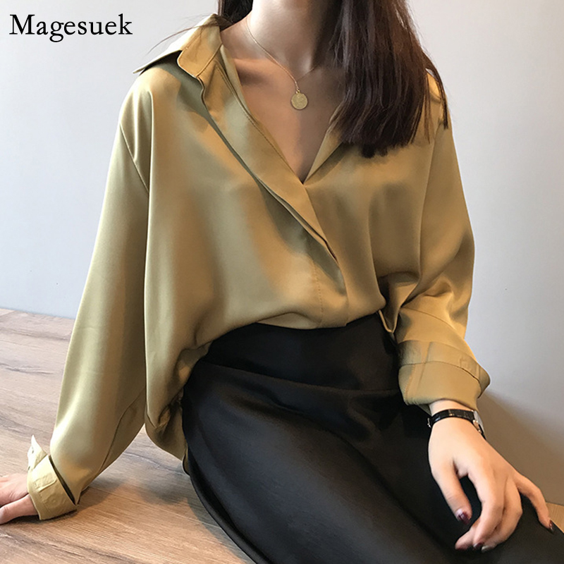Spring Autumn Blouses Women Long Sleeve Casual Solid Loose Satin Blouse Women Vintage V-neck Cardigan Button Shirt Tops 5273 50