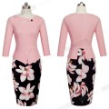 Nice-forever Autumn Print Floral Patchwork Button Casual Dress Business Three Quarter Zip Back Bodycon Summer Office Dress b288