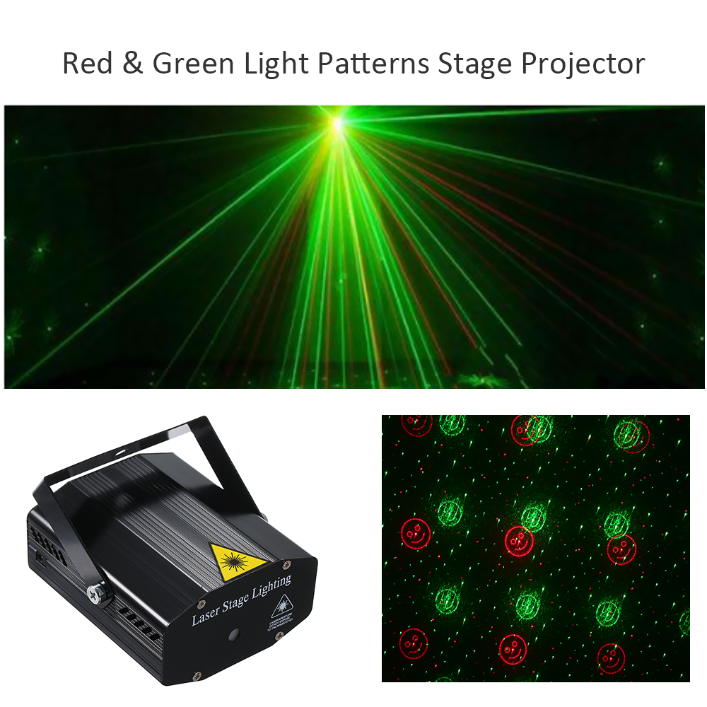 AC 110-240V LED Laser Stage Light with Tripod 6 Patterns Sound-activated Red&Green Projector Stage Light for DJ Disco Show Party