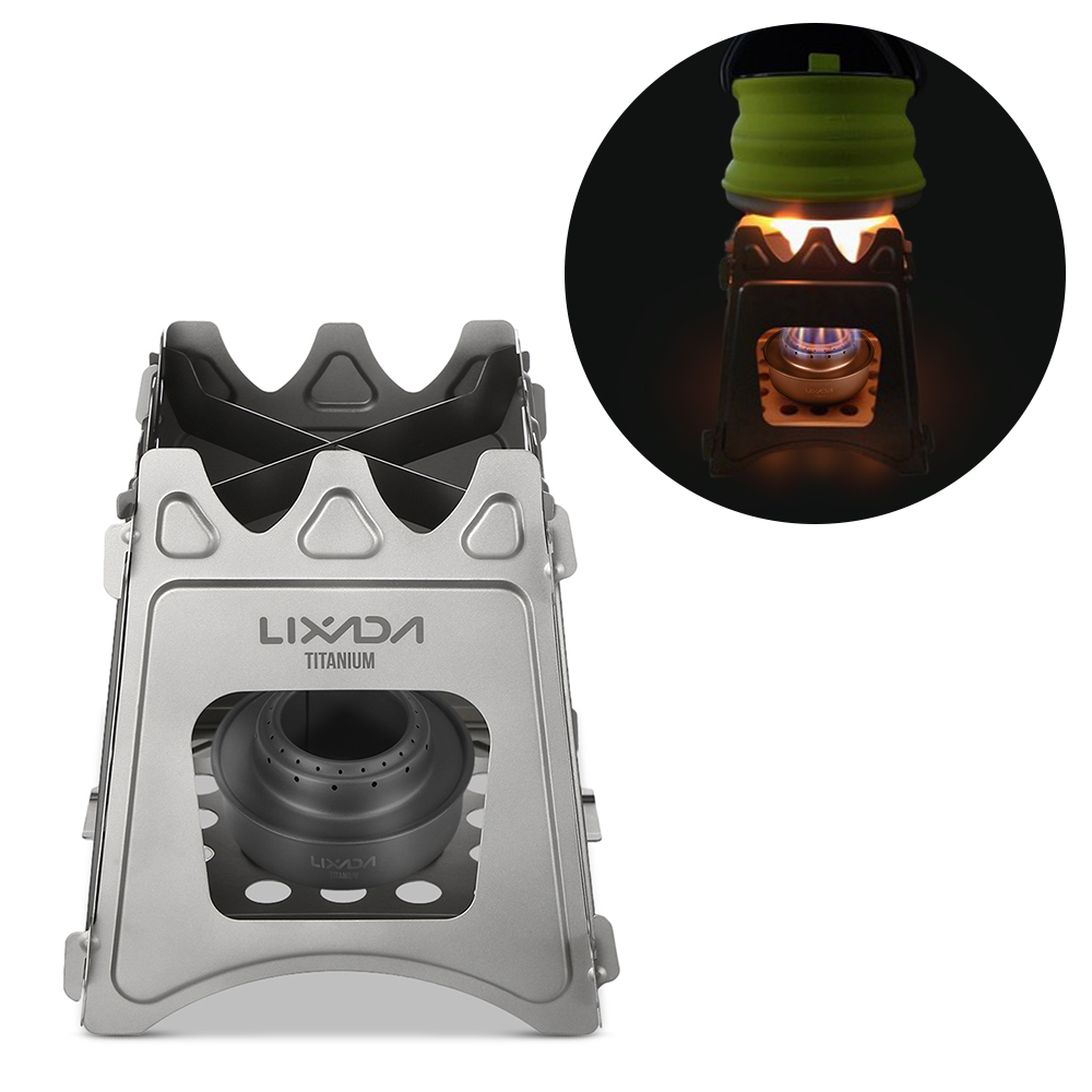 Lixada Compact Folding Titanium Wood Stove with Mini Alcohol Stove Camping Stove for Outdoor Camping Cooking Picnic Hiking