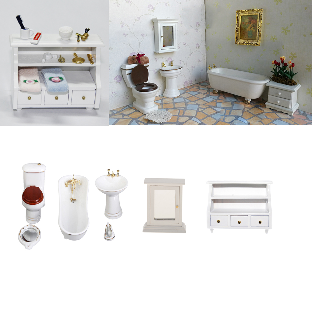 1:12 Scale Dolhouse Furniture, European Style Bathroom Furniture Set with Bathtub Basin and Toliet, Dolls House Furnishings Toy