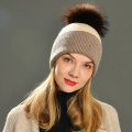 Women Winter Hats Cashmere Knitted Wool Cap Real Fur Ball Top Striped Knitted Hat Female Fashion Cap Ladies Hedging Wool Beanie