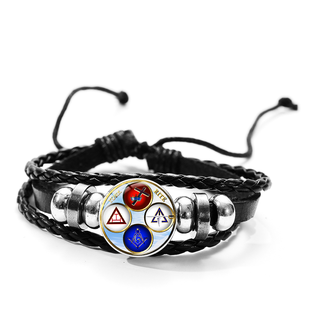 SONGDA Freemason Masonic Malta Knights Templar Seal Bracelet Mason Art Patterns Glass Dome Snap Men Multi-layer Leather Bracelet