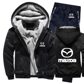 Hoodies Men Mazda Car Logo Mens Hoodies Suit Winter Thicken Warm Fleece cotton Zipper Tracksuit Mens Jacket+Pants 2Pcs Sets