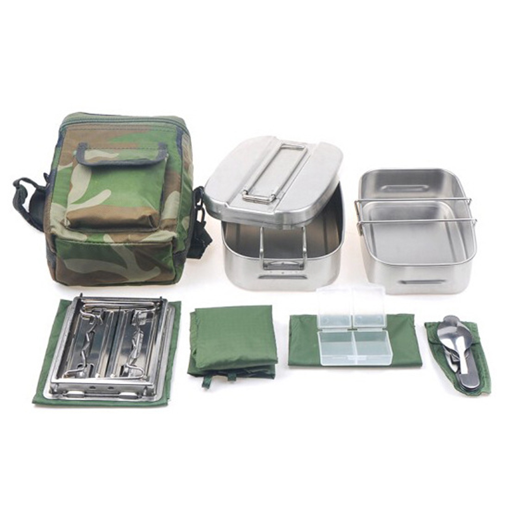 Military Canteen Cookware Set Camping Canteen Mess Kit Stainless Steel Canteen with Mess Tin Lid Stove Spoon Fork Molle Pouch