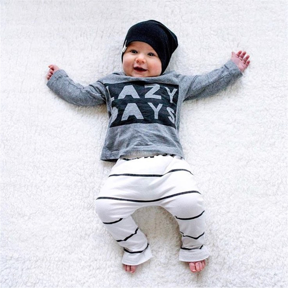 2Pcs Newborn Infant Baby Boys Girls Clothes Set Long Sleeve Letter LAZY DAYS T-shirt Tops Casual Stripe Pants Toddler Clothing