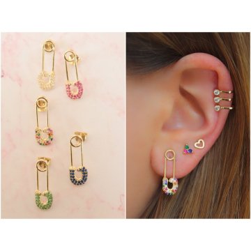 simple minimal women jewelry Gold 5 colorful cz paved safety pin paperclip stud earring fashion