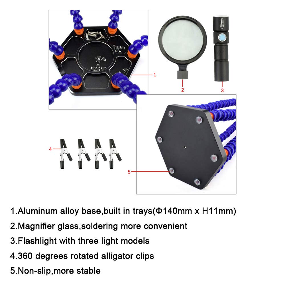 Magnifying USB Flashlight Soldering Station Third Helping Hand Holder Multi Welding Hand Tools with 6 Flexible Arms