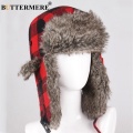 BUTTERMERE Winter Hats For Mens Bomber Hat Fur Red Warm Earflap Cap Windproof Women Thicker Plaid Russian Ushanka Hat Black Blue