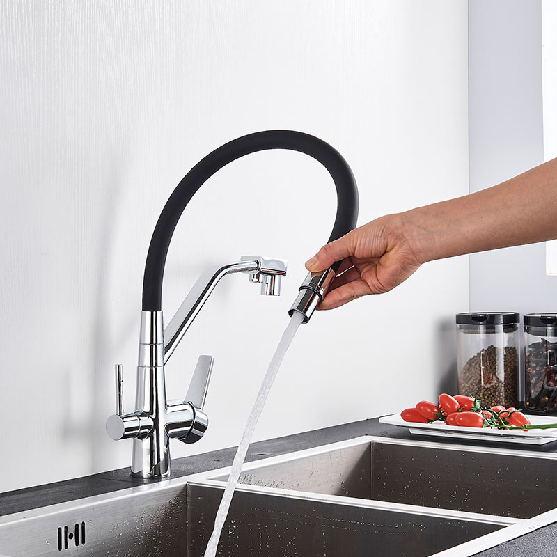 Filter Swivel Drinking Water Chrome Kitchen Faucet Flexible Rotated 360 Degree Rotation Dual Spout Dual Handles Mixer Pure Water