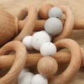 OOTDTY 1pc Baby Teether Wooden Music Rattle BPA Free Wooden Gym Ring Rodent Silicone Beads Newborn Educational Montessori Toys