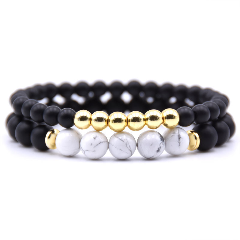 2Pcs 8MM Natural Healing Stone Bracelets for Men Women steel ball Beaded Bracelets Elastic