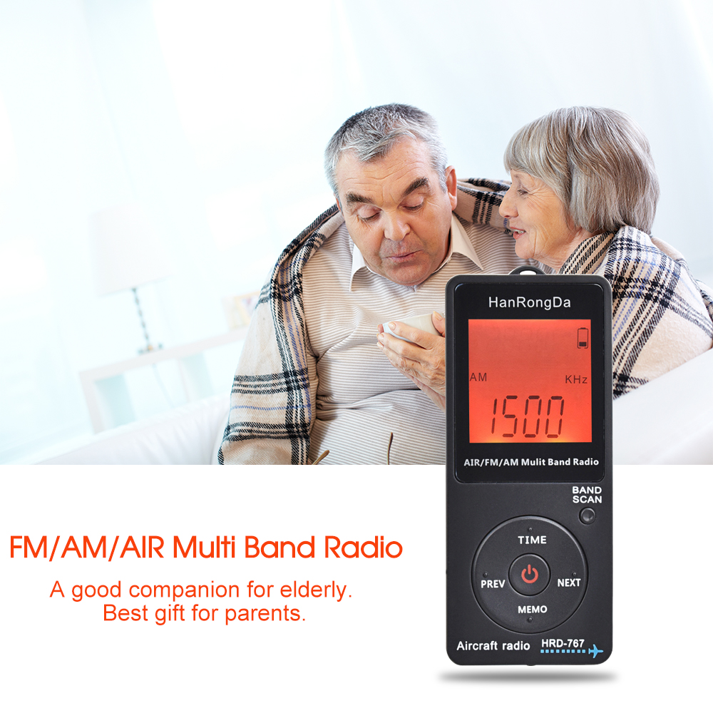 HanRongDa HRD-767 FM/AM/AIR Multi Band Radio Aircraft Band Radio Receiver Blacklit LCD Display Lock Button with Headphones