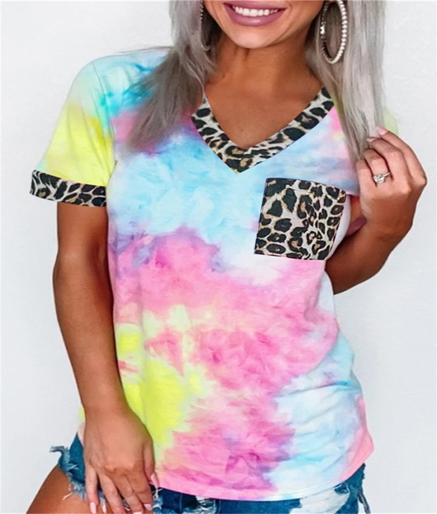 Women Casual Tie-Dye T Shirt Summer Leopard Patchwork V Neck Short Sleeve Tops T-Shirts Female Camisetas Verano Mujer 2020