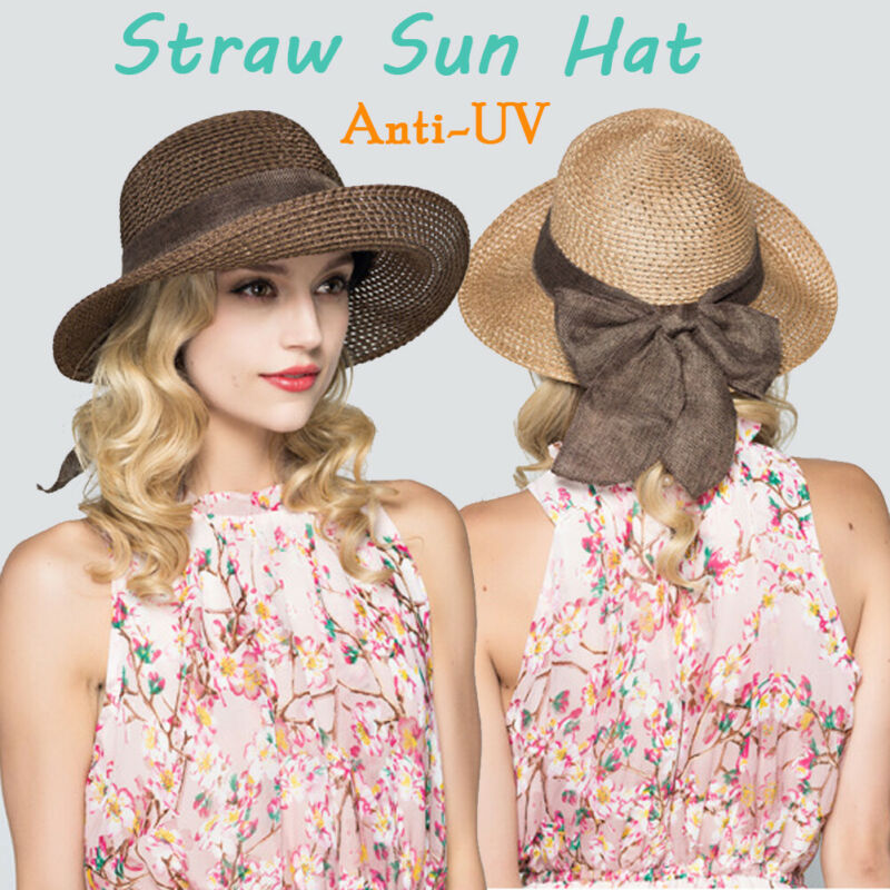 Women Ladies Casaul Boho Floppy Summer Wide Brim Ribbon Lace Up Straw Hat Beach Holiday Sun Foldable Cap